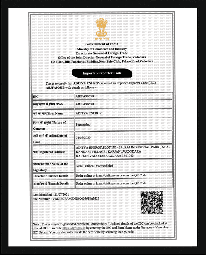 Aditya Energy Importer-Exporter Code certificate issued by DGFT.
